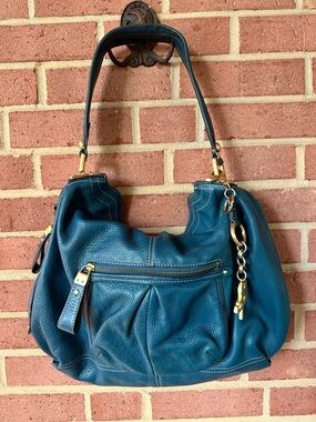 B. Makowsky Teal Pebbled Leather Hobo Shoulder Bag with Chain Accent